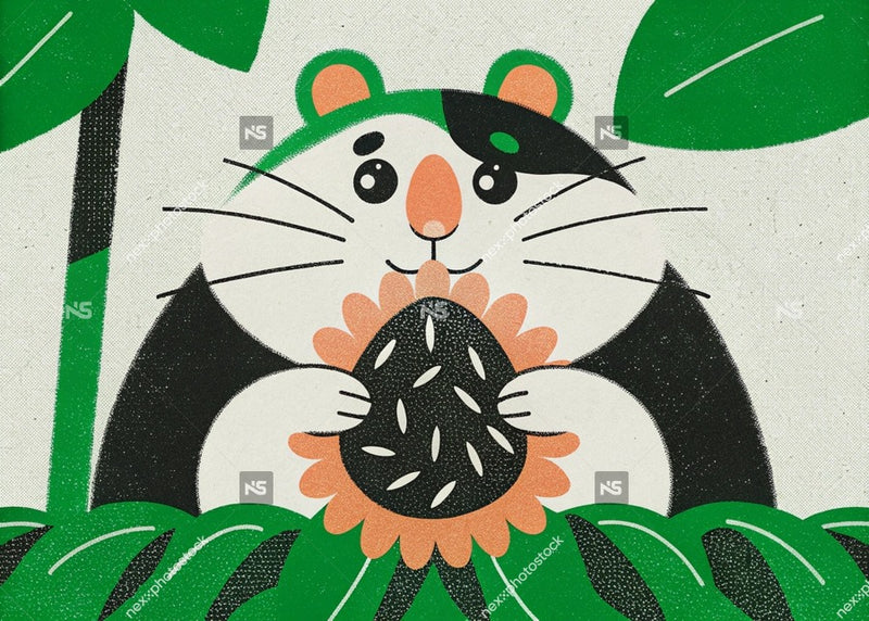 Cartoon Animal Character Holding A Sunflower Seed In Its Mouth Surrounded By Green Leaves And A Blue Sky Background — Stock Illustration