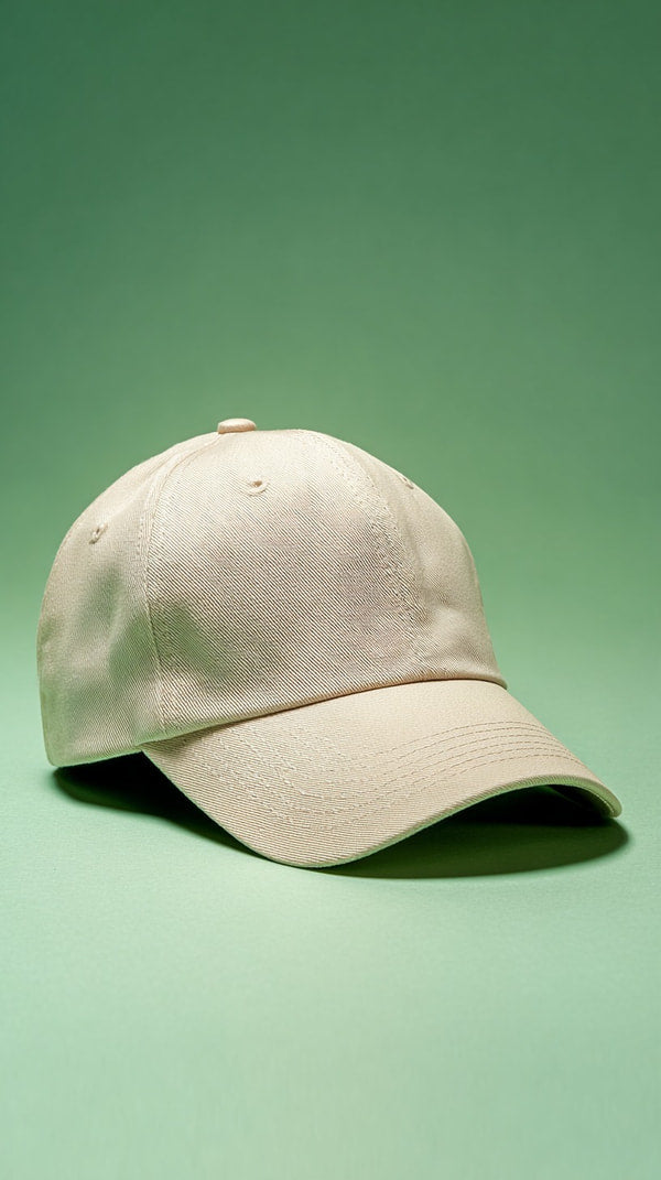 A Beige Baseball Cap With A Visible Logo Placed Against A Green Background — Stock Photo