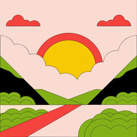 A Colorful Illustration Of A Sunset Over A Mountain Landscape With A Path Leading Towards It — Stock Vector