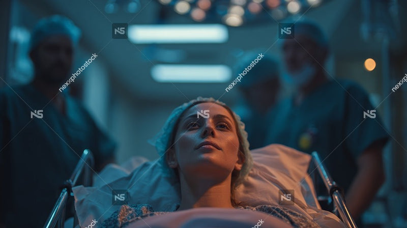 Hospital Emergency Room Scene With A Woman Lying In A Hospital Bed Surrounded By Medical Personnel Who Are Attending To Her — Stock Photo