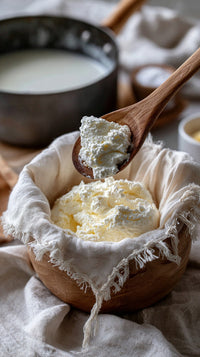 A Wooden Spoon Is Dipping Into A Bowl Of Cottage Cheese Which Is Placed On A Table With A White Cloth Underneath — Stock Photo