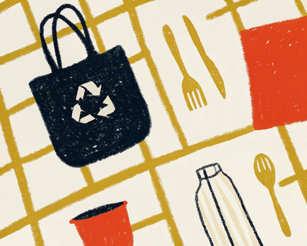 Illustration Of A Tabletop With Various Items Including A Handbag Spoon Fork Cup And Bottle Set Against A Checkered Pattern Background — Stock Illustration