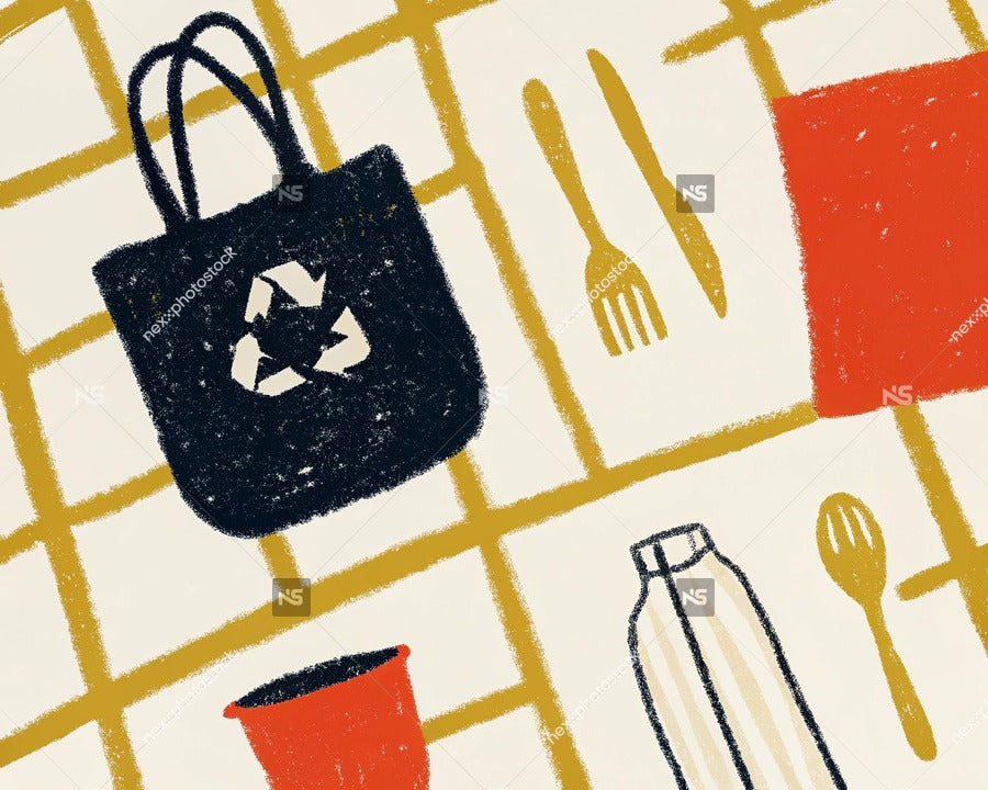 Illustration Of A Tabletop With Various Items Including A Handbag Spoon Fork Cup And Bottle Set Against A Checkered Pattern Background — Stock Illustration