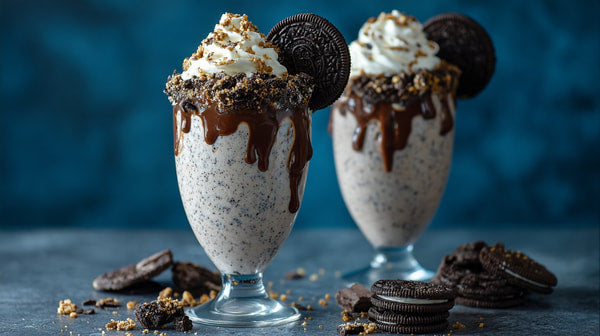 Two Ice Cream Sundaes With Chocolate Cookie Crumbles And Whipped Cream On A Blue Background — Stock Photo
