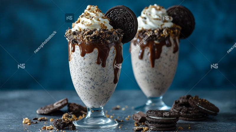 Two Ice Cream Sundaes With Chocolate Cookie Crumbles And Whipped Cream On A Blue Background — Stock Photo