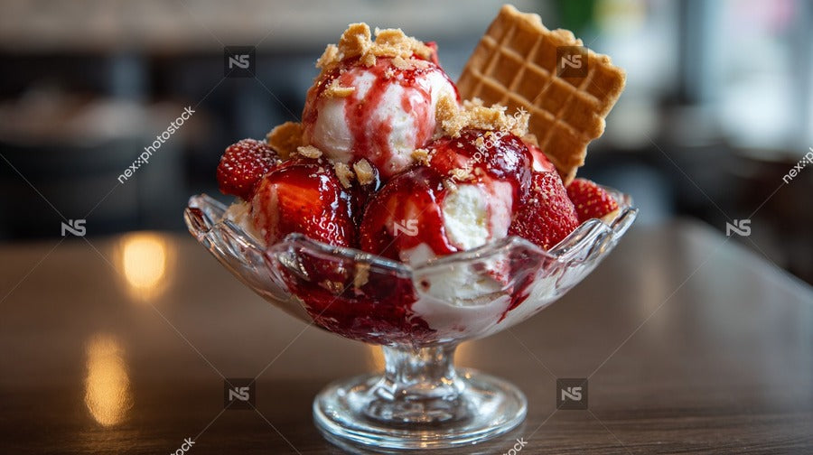 A Glass Bowl Filled With Strawberry Ice Cream And A Waffle Cone Topped With Whipped Cream And Nuts Placed On A Table — Stock Photo