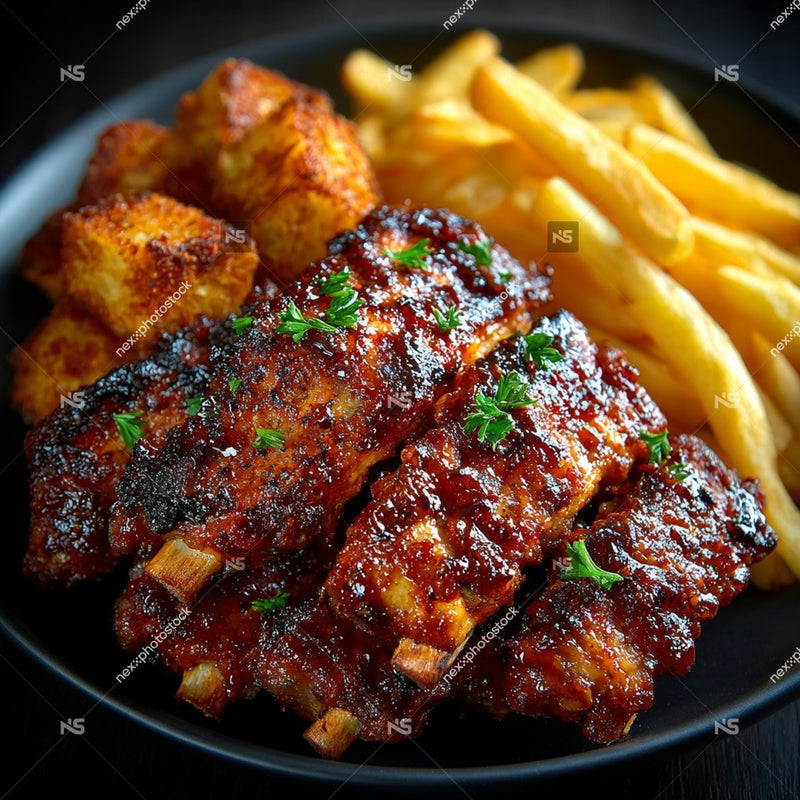 Two Plates Of Bbq Ribs And French Fries One With A Close Up View Of The Ribs Covered In Sauce And Garnished — Stock Photo