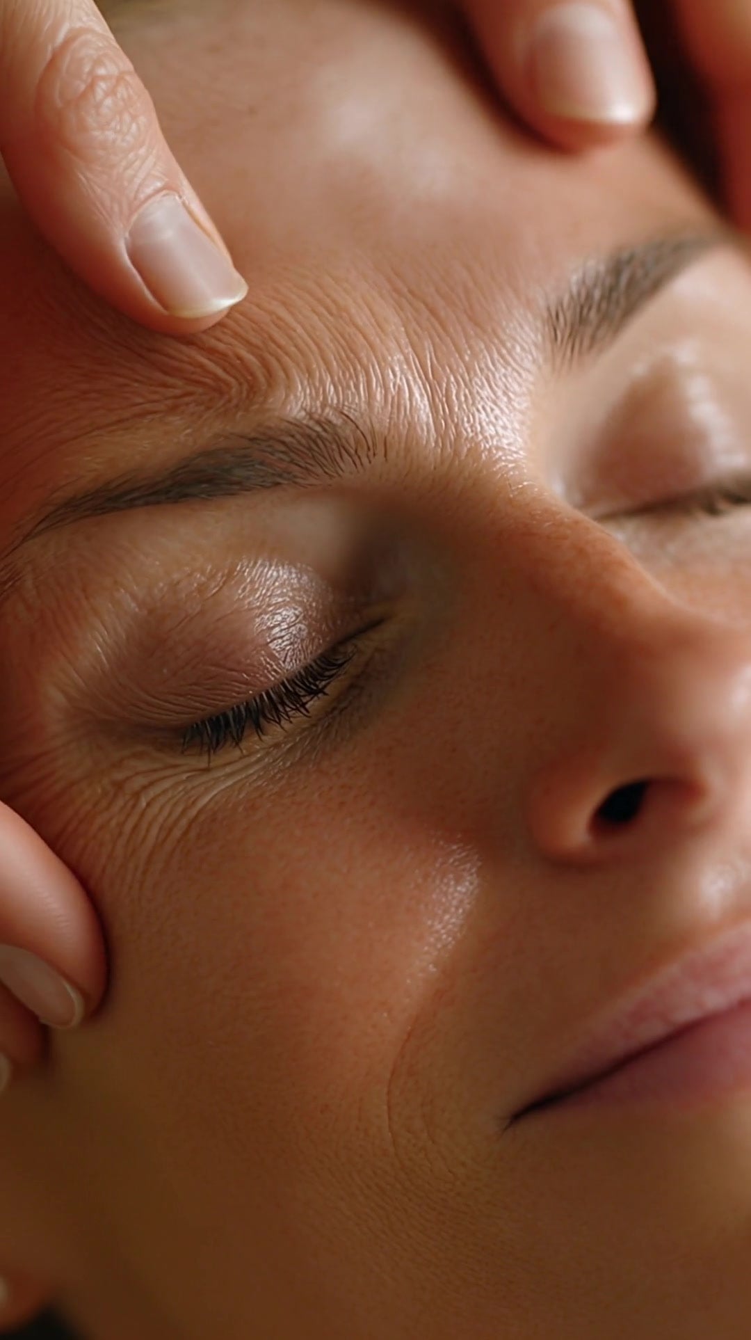 a person receiving a facial massage with their eyes closed captured from a top down perspective - Stock Video