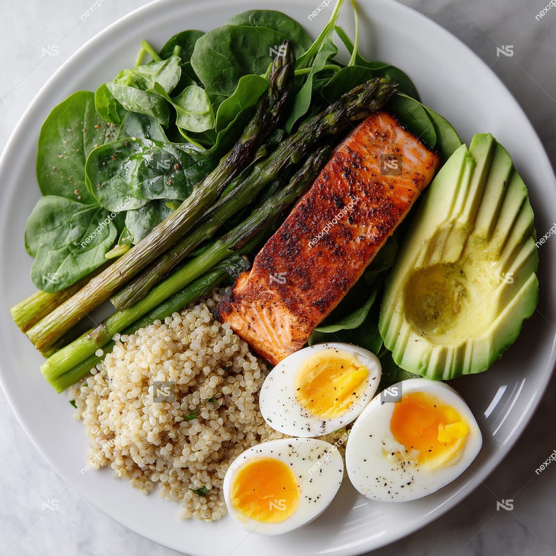 A Plate Of A Balanced Meal Including Salmon Brown Rice Asparagus Avocado And Eggs Ready For A Nutritious Breakfast Lunch — Stock Photo