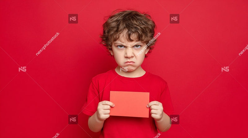 A Young Boy Holding A Red Card In Front Of Him Against A Red Background 2 — Stock Photo