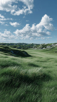 Aerial View Of A Serene Golf Course Landscape With Lush Green Grass Clear Blue Sky And White Clouds — Stock Photo