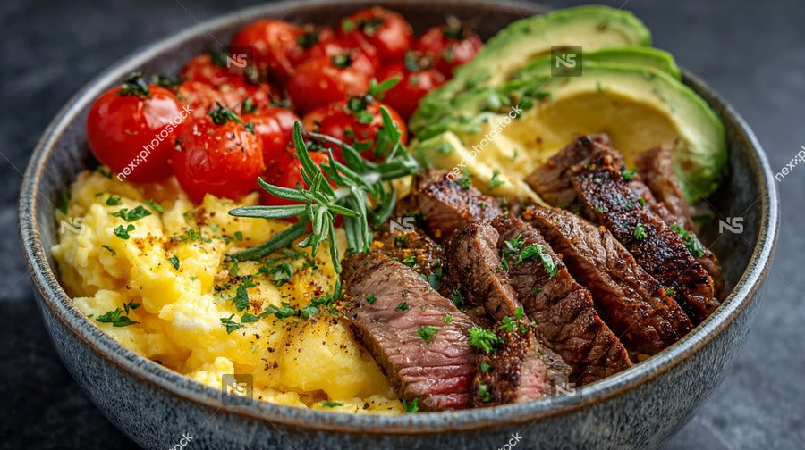 A Vibrant Bowl Filled With A Variety Of Colorful Foods Including Meat Vegetables And Rice Presented On A Dining Table — Stock Photo