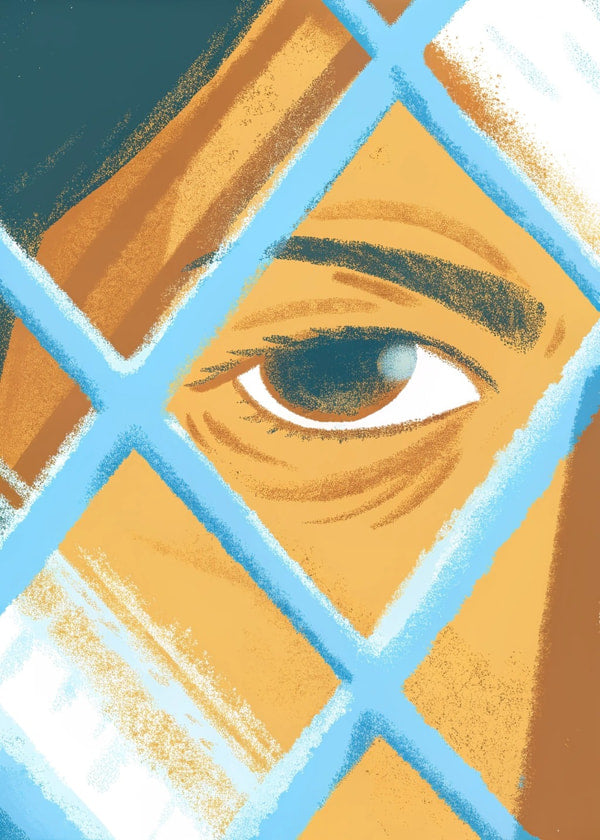 A Portrait Of A Person Looking Out From Behind Bars Depicted In A Realistic Style With A Limited Color Palette — Stock Illustration