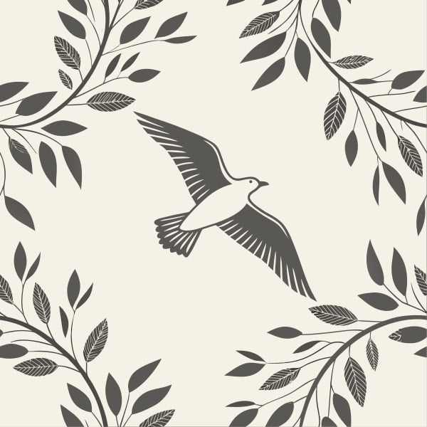 Black And White Illustration Of A Bird In Flight Surrounded By A Pattern Of Leaves — Stock Vector