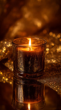 A Single Candle In A Glass Jar Placed On A Reflective Surface With A Golden Background — Stock Photo