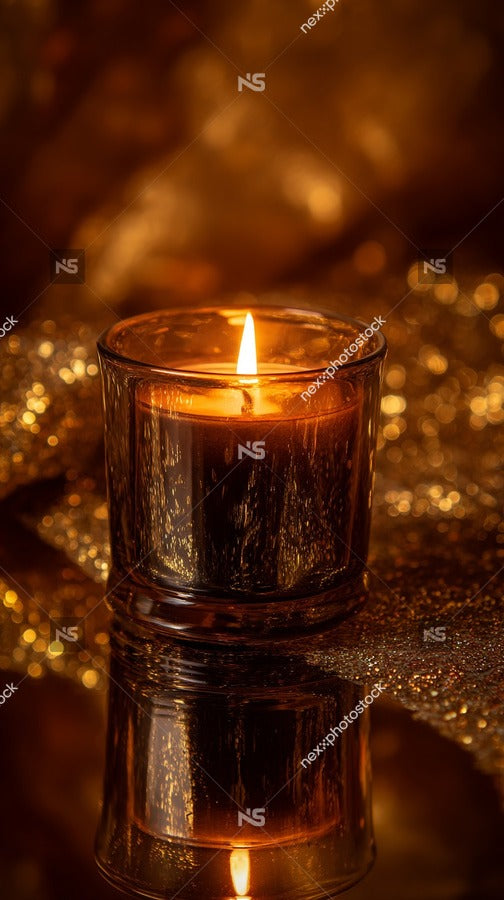 A Single Candle In A Glass Jar Placed On A Reflective Surface With A Golden Background — Stock Photo