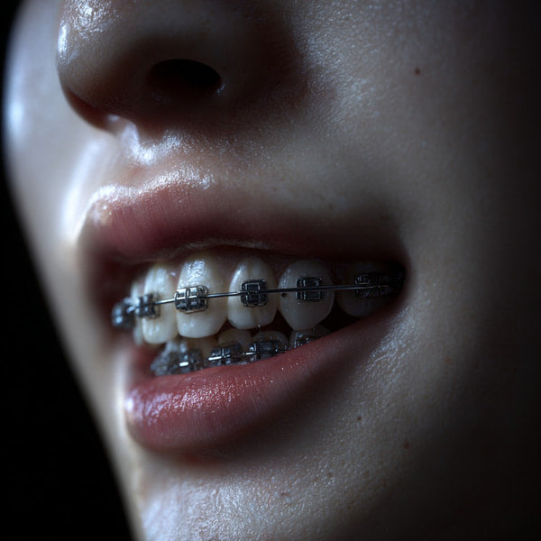 Human Portrait With A Close Up Of A Person S Face Showcasing A Wide Smile Revealing Metal Teeth — Stock Photo