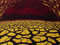 Abstract Art Piece A Fiery Landscape With Cracked Earth And A Dark Sky Background — Stock Illustration