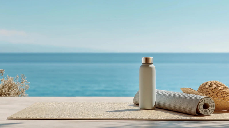 a tranquil beach scene with a yoga mat and water bottle on a wooden deck overlooking the ocean - Stock Video