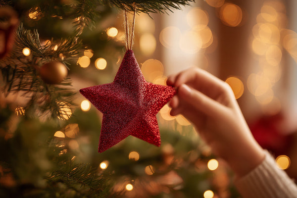A Festive Christmas Tree Adorned With A Red Star Ornament And Twinkling Lights Set Against A Backdrop Of Holiday Decorations — Stock Photo