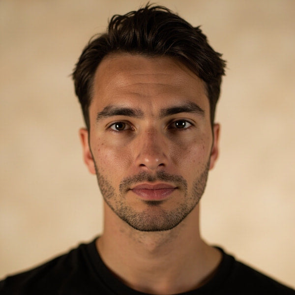 A Man With Short Hair And A Beard Is Captured In A Close Up Portrait Looking Directly Into The Camera — Stock Photo