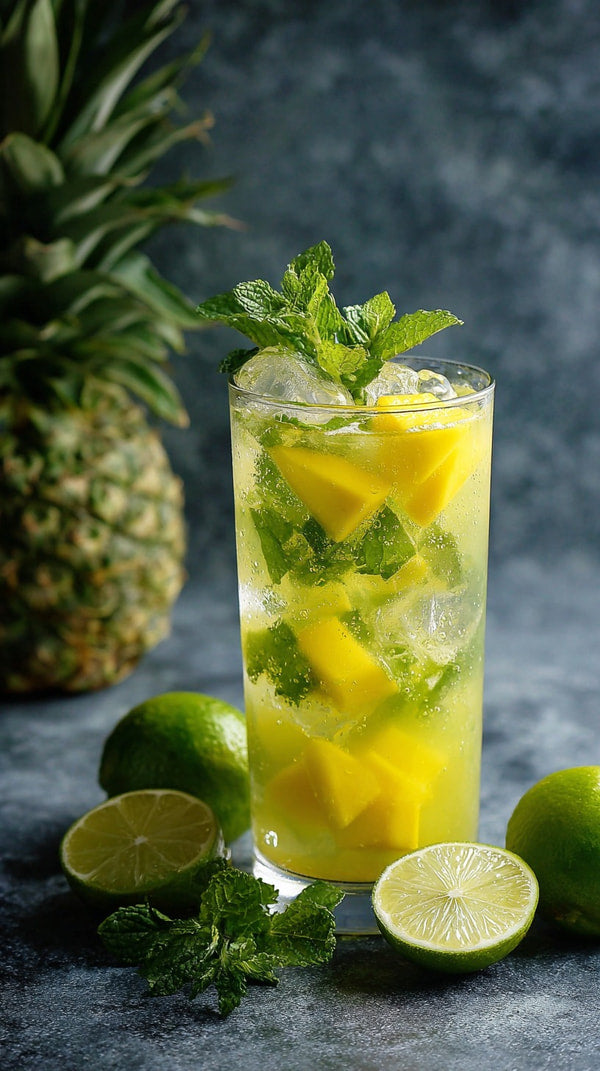 A Refreshing Pineapple Mojito Garnished With Lime Wedges Served On A Dark Surface Surrounded By Fresh Limes And Mint Leaves — Stock Photo