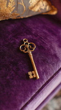 A Gold Key Is Placed On A Purple Surface — Stock Photo