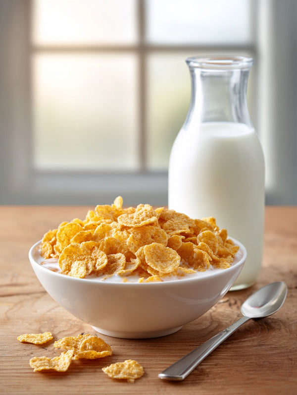 A Bowl Of Cereal Sits On A Wooden Table Next To A Glass Jar Filled With Milk — Stock Photo