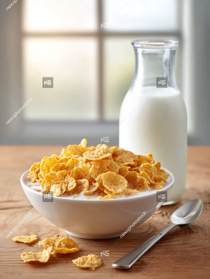 A Bowl Of Cereal Sits On A Wooden Table Next To A Glass Jar Filled With Milk — Stock Photo