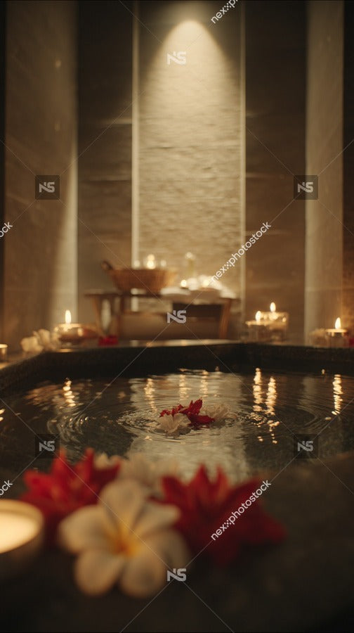 A Serene Spa Setting With A Stone Pool Surrounded By Candles And Red Flowers Offering A Relaxing Atmosphere For Rejuvenation — Stock Photo