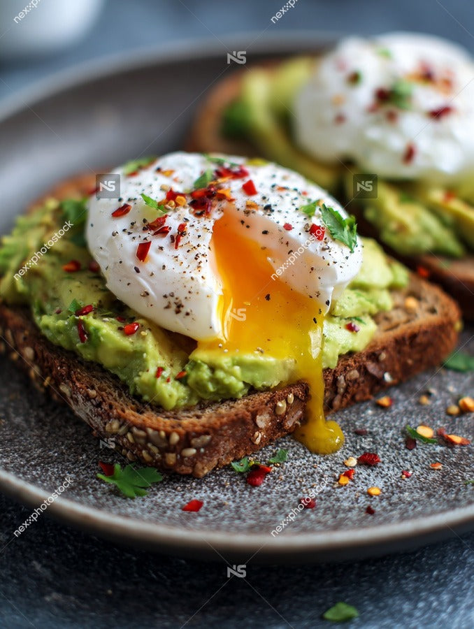 Avocado Toast With Fried Egg On A Plate Topped With Red Pepper Flakes And Garnished With Fresh Herbs — Stock Photo