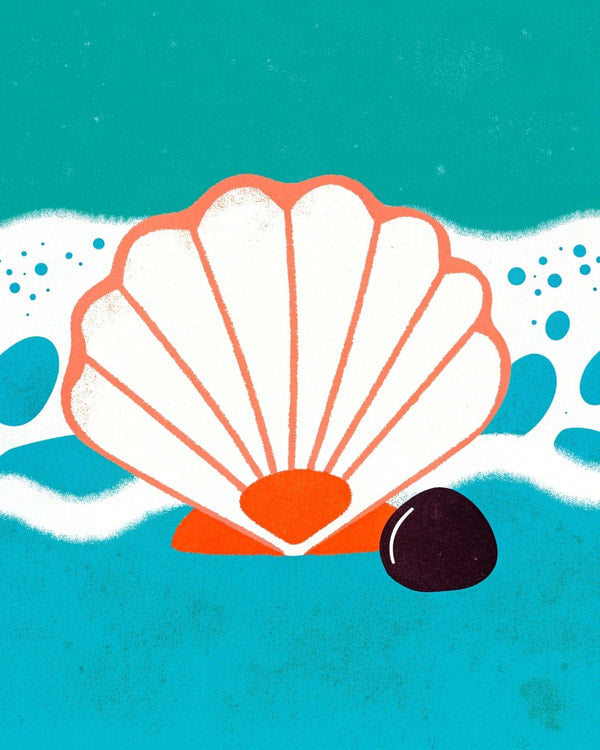 Vintage Style Poster An Illustration Of A Large Seashell With A Blue Background And White Waves — Stock Illustration