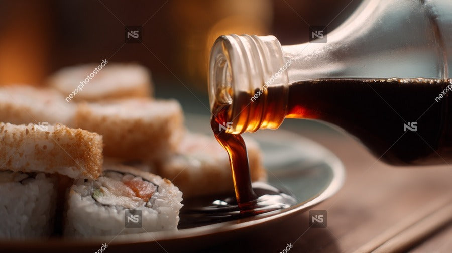 Shows A Close Up View Of A Plate With Sushi Rolls And A Bottle Of Soy Sauce Being Poured Over Them — Stock Photo