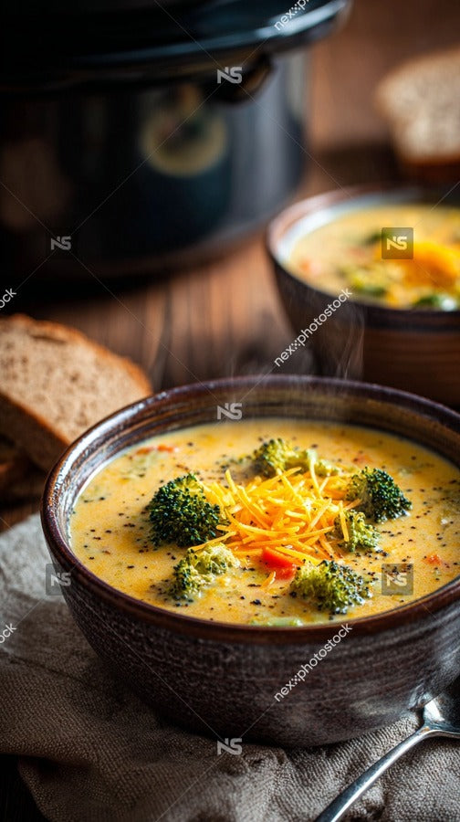 A Bowl Of Hearty Broccoli Soup With Cheese And Bread On The Side Placed On A Wooden Table — Stock Photo