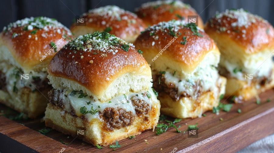 Cheesy Meatball Sandwiches With Cheese And Parsley On Top Arranged In A Row On A Wooden Cutting Board — Stock Photo