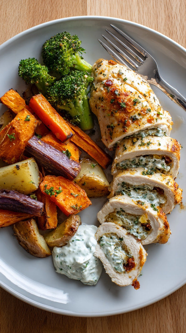 A Plate Of Grilled Chicken Roasted Vegetables And Tzatziki Sauce On A Wooden Table — Stock Photo