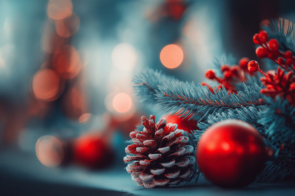 Festive Christmas Decorations Red Ornaments Including A Pine Tree And A String Of Lights Set Against A Dark Background With Bokeh Effect — Stock Photo