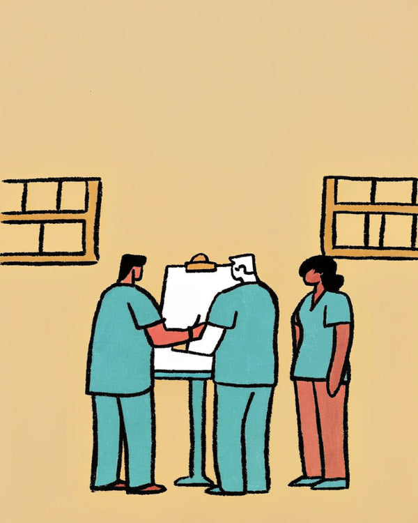 Illustration Of A Group Of Healthcare Professionals Gathered Around A Whiteboard In A Hospital Setting Discussing Reviewing Information — Stock Illustration