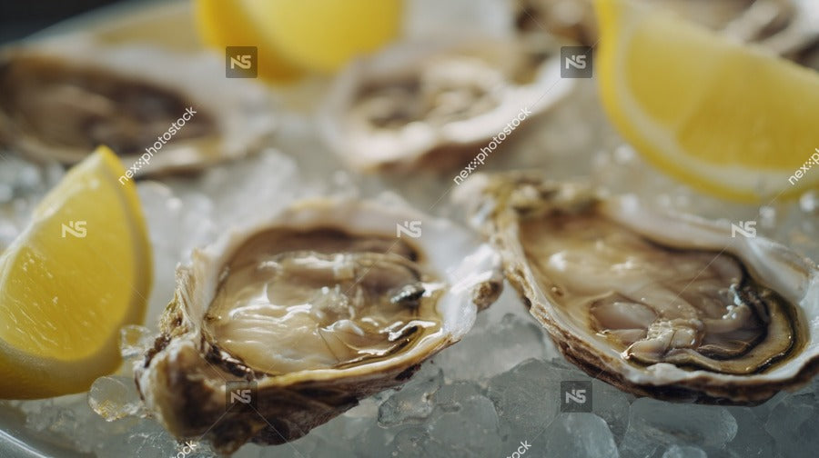 Displays A Close Up View Of A Plate Filled With Oysters On Ice Garnished With Lemon Wedges And Cocktail Shrimp — Stock Photo