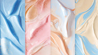 Colorful Marbled Swirls On Canvas A Collection Of Four Distinct Paintings With Varying Shades And Patterns Displayed In A Gallery Setting — Stock Photo