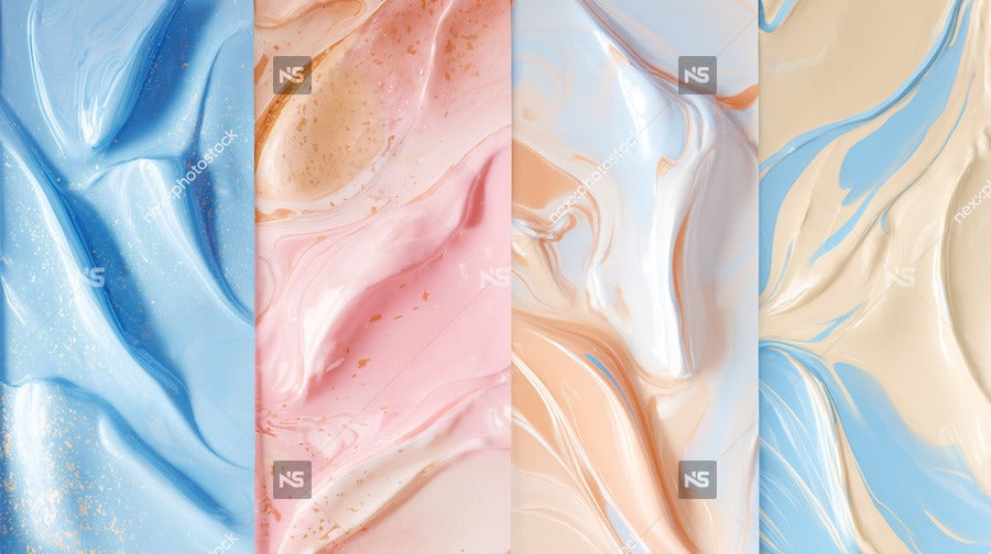 Colorful Marbled Swirls On Canvas A Collection Of Four Distinct Paintings With Varying Shades And Patterns Displayed In A Gallery Setting — Stock Photo