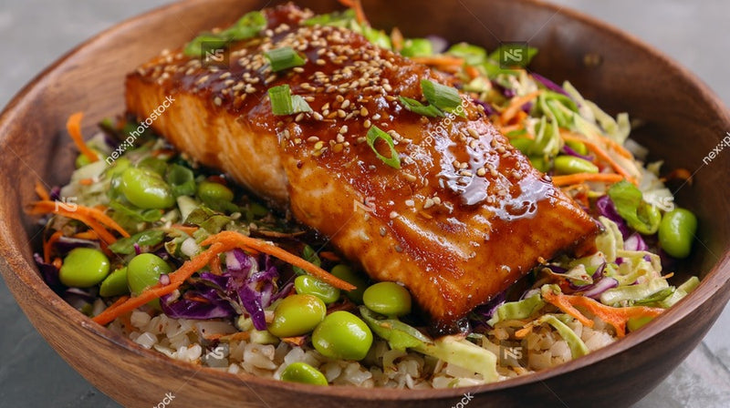 Glazed Salmon Served Over A Bed Of Rice And Vegetables Garnished With Sesame Seeds And Green Onions — Stock Photo