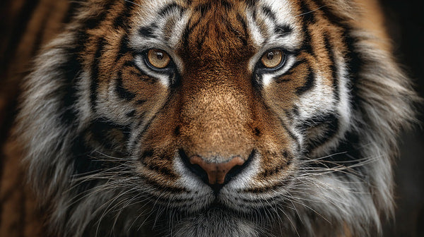 Majestic Tiger Portrait With Close Up View Of Its Face Showcasing Its Striking Eyes And Fur Texture Against A Neutral Background — Stock Photo