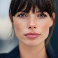 A Woman With Freckles Is Captured In This Portrait Showcasing Her Unique Features Against A Neutral Background — Stock Photo