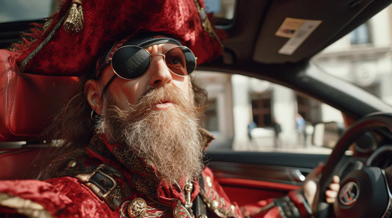 a man dressed as a pirate is seated inside a car wearing sunglasses and driving down a street - Stock Video