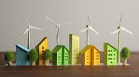 Miniature Model Of Eco Friendly Homes With Wind Turbines Set Against A Backdrop Of Three Wind Turbines And A Miniature Tree — Stock Photo