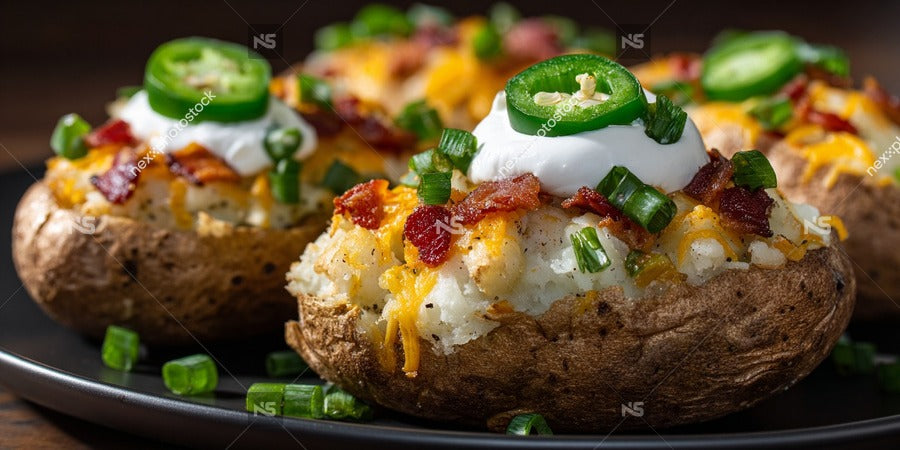 Close Up Of Three Loaded Baked Potatoes Topped With Sour Cream And Chives On A Black Plate — Stock Photo