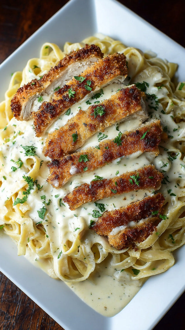 Chicken Alfredo Pasta With Chicken Breast Creamy Sauce And Garnished With Parsley On A White Plate — Stock Photo