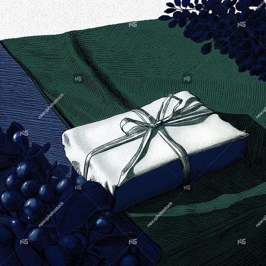 Gift Wrapped In White Paper With A Blue Ribbon On A Table With Grapes And Leaves In The Background — Stock Illustration