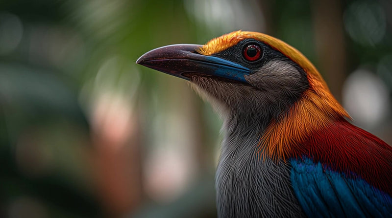 a vibrant parrot with striking red and blue feathers is perched in a tropical setting surrounded by lush greenery - Stock Video